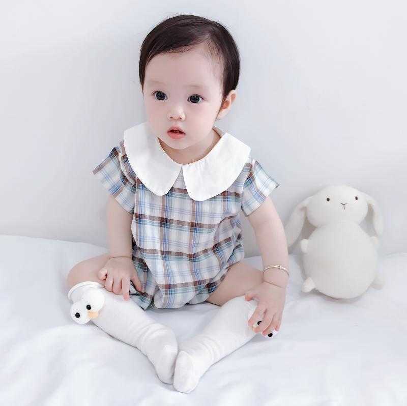 Baby Boy Boutique Clothing Infant Plaid Romper born Cotton Peter Pan Collar Jumpsuit Spain Birthday Baptism Bodysuits 210615