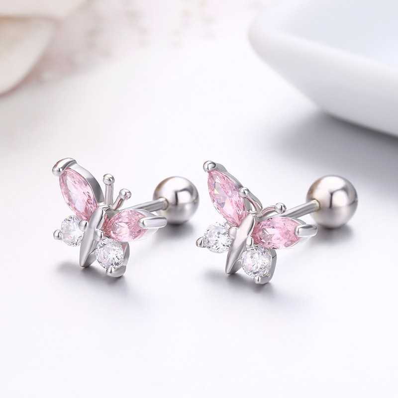 Sterg Sier Butterfly Pink CZ Screw Back Earrings for Kids, Women 4