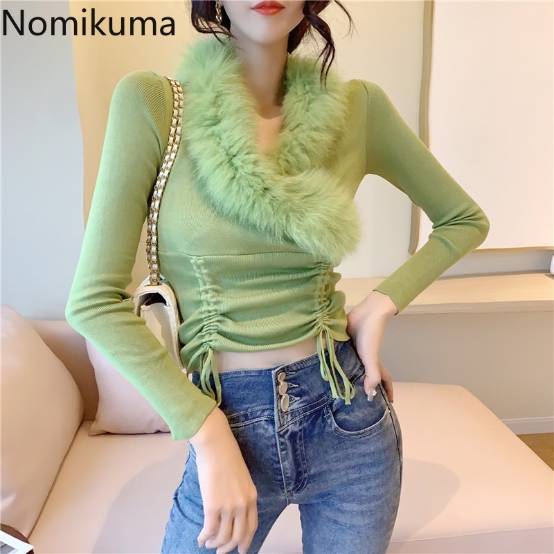 Nomikuma Korean Drawstring Slim Short Pullover Knitwear Fur Patchwork V-neck Pull Femme Long Sleeve Crop Top Sweater 6D074 210427