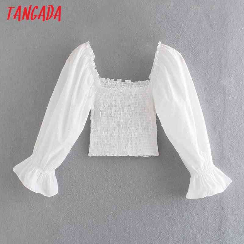 Women Retro Dots Pleated Crop Square Collar Summer Chic Female Sexy Slim Shirt Tops 8M21 210416