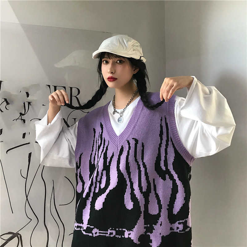 Neploe Autumn Winter Korean Sleeveless V-neck Knitted Vest Flame Printed Causal Women Men Sweater Pullover 4E202 210812
