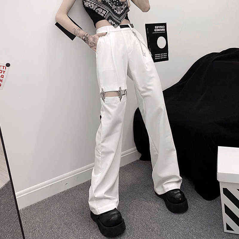 Fashion High Waist Wide Leg Pants Street Harajuku Black Trousers Women Plus Size Casual Loose Pant (with Belt and Chain) 211115
