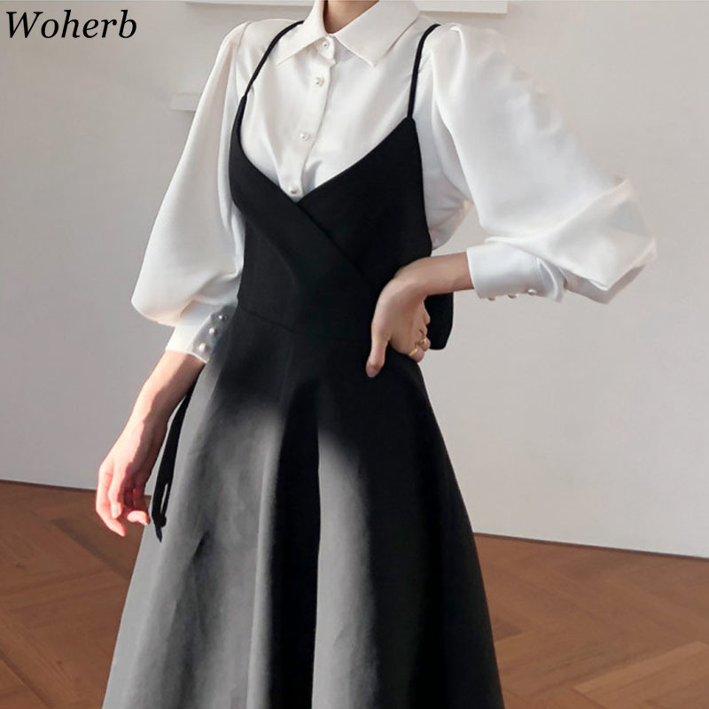 Women Dress Korean Elegant Suit Puff Sleeve White Shirt High Waist Backless Chic Two Piece Sets 4H894 210519