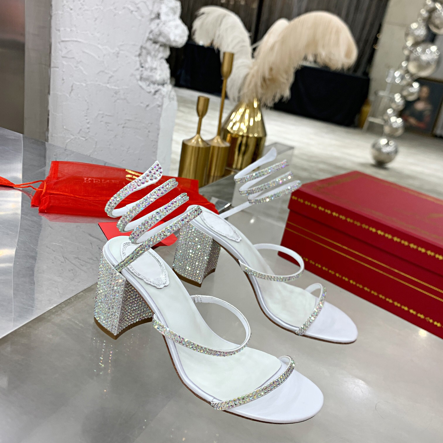 

Cleo Crystals Embellished chunky Heels sandals 75mm Rhinestone white Evening shoes women high heeled Luxury Designers Wraparound Dress shoe factory footwear, Black