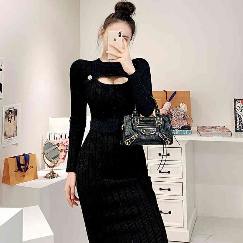 Women Sexy knitting Black Dress Long Sleeve O Neck Hollow Out Knee-Length Party Lady Fashion 210506