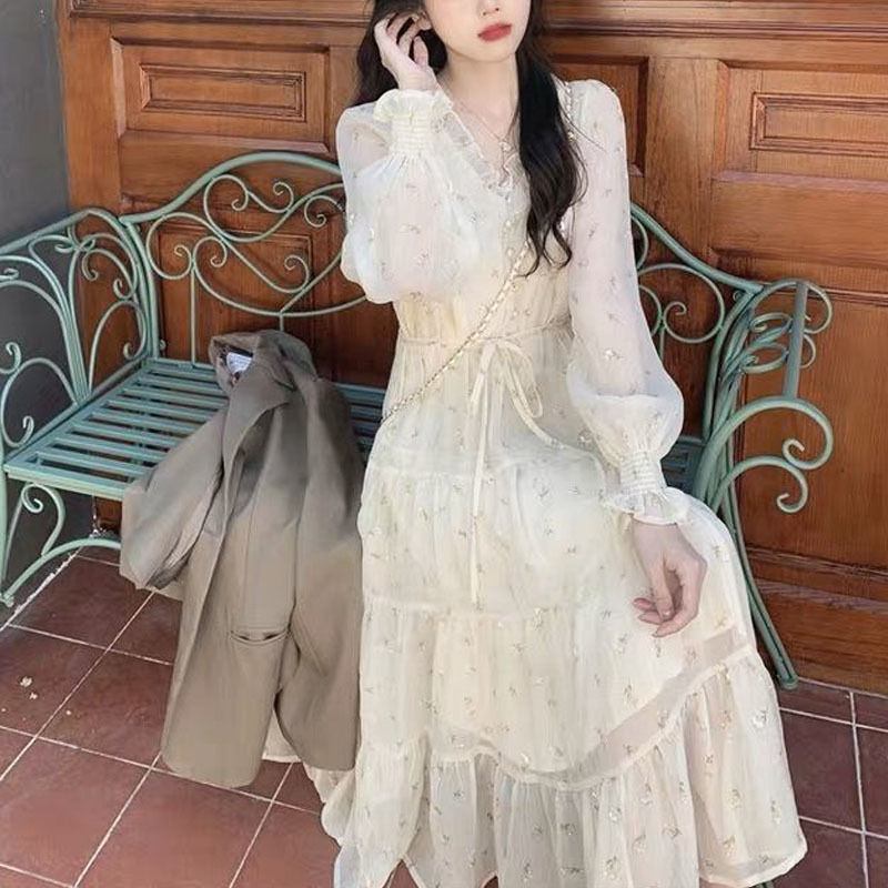 Summer Floral Dress Women French Elegant Chiffion Casual Sweet Fairy V-neck Midi Dress Office Lady Dress Korean 210521