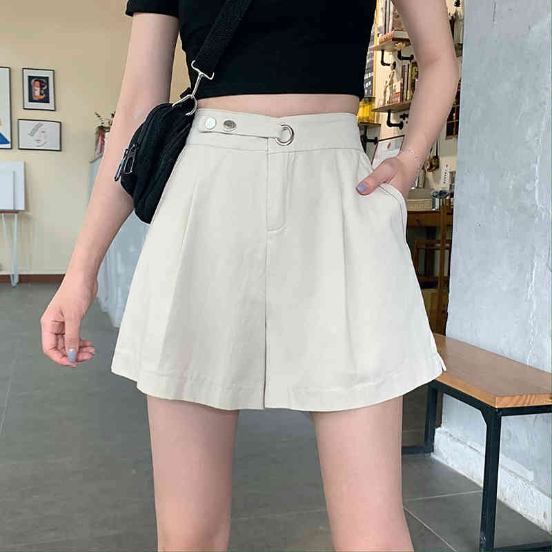 Korean Casual Chic Streetwear Solid Fashion High Waist Loose Wide Leg Femme Sexy Women All-Match Shorts 210421