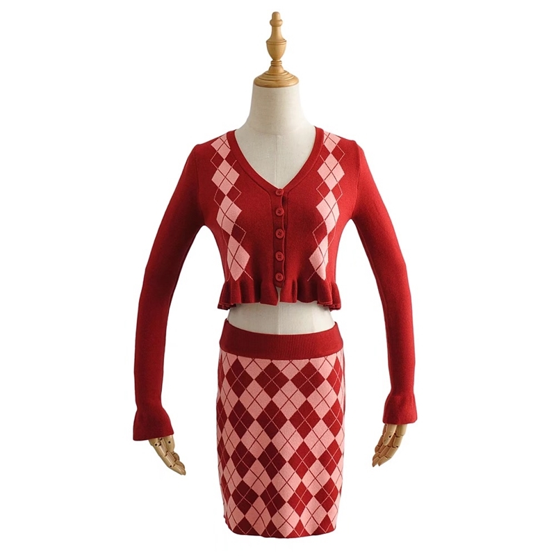 Vintage 90s Wood ears Argyle Plaid Knitting Cardigan Women Crop Sweater Elastic Waist Package Hips Mini Skirt 2 Pieces Set Y2K 210429