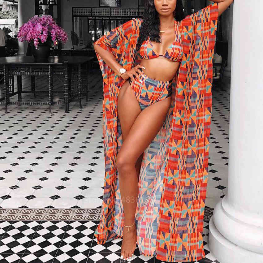 Fashion African Clothes Women Dahsiki Summer 3Pcs Bikini Suit Robe Africaine African Dresses Ethnic Ladies Swimsuit Clothing 210408