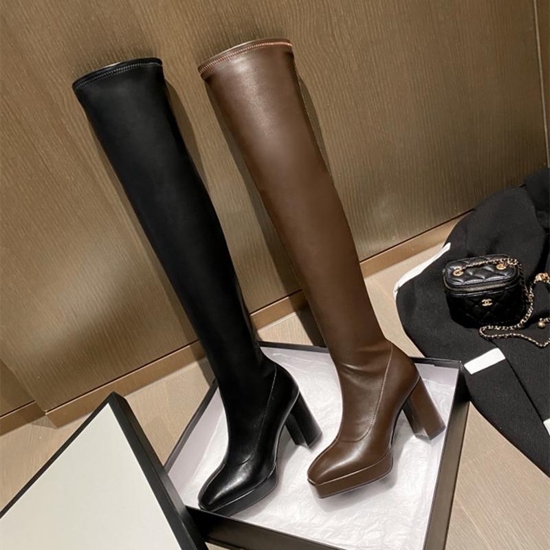 Boots Concise Fashion Long Genuine Leather Women Square Toe Platform Thigh High Black Chunky Heel Winter