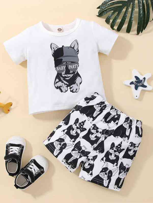 Baby Dog & Letter Graphic Tee & Shorts SHE