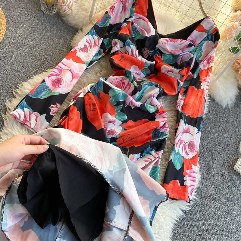 DEAT Spring Arrivals Print Square Collar Long Sleeve High Waist Pleated Slim A-line Long Dress MZ529 210709