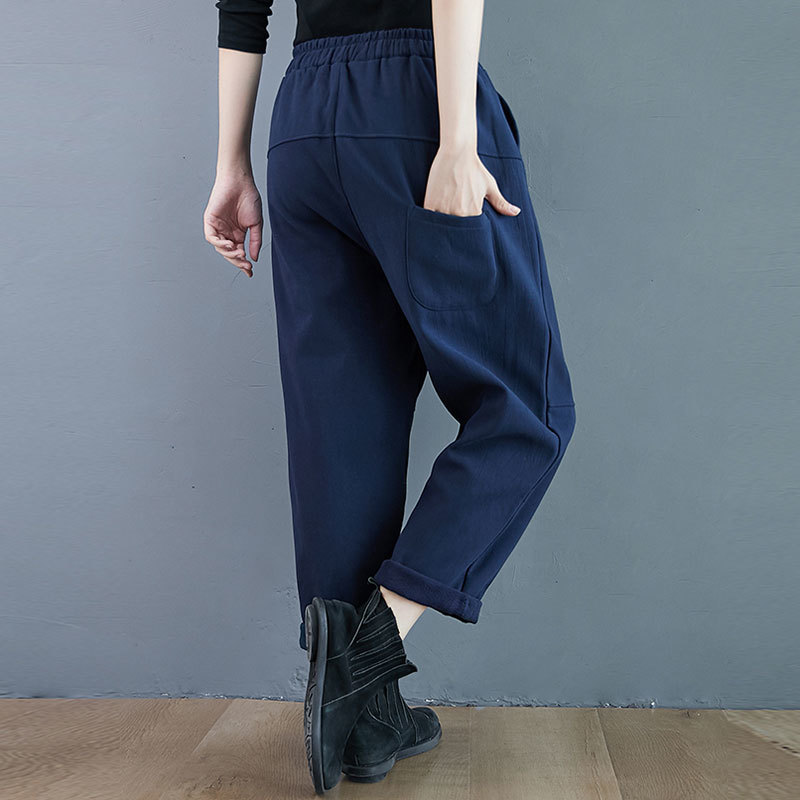 Autumn Winter Arts Style Women Elastic Waist Loose Casual Harem Pants Thicken Warm Cotton Trausers Femme Plus Size S7 210512