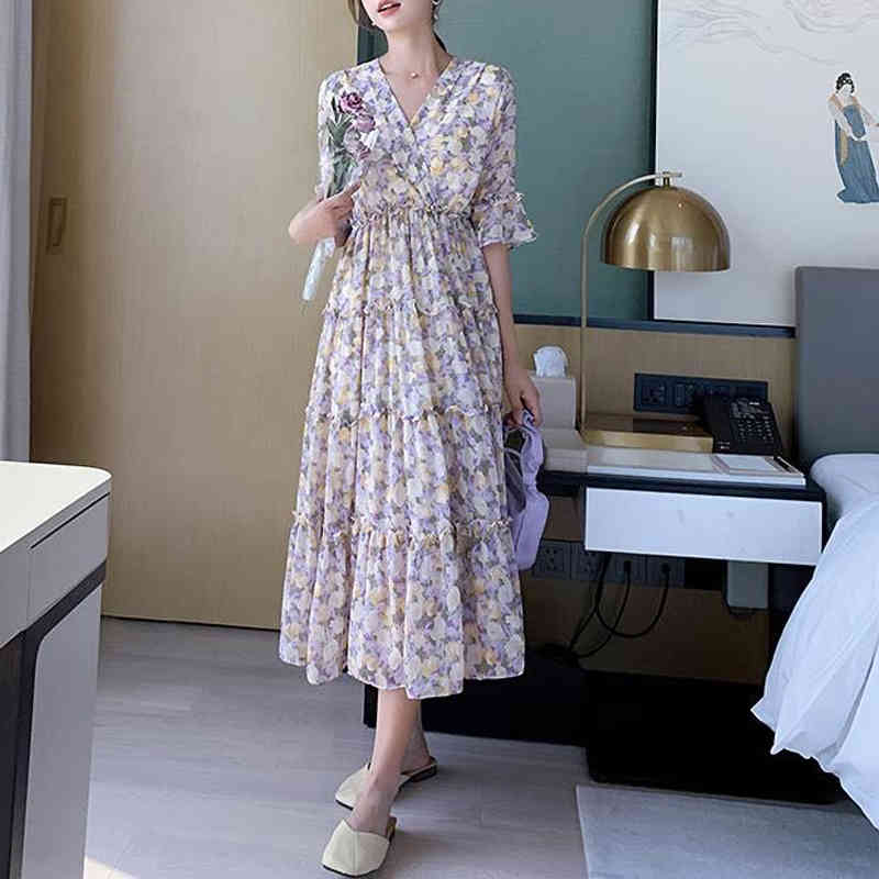Summer French Style Elegant Chiffon High Waist Floral Dresses V Neck Loose Half Ruffle Sleeve Party Midi Dress Women D12701X 210416