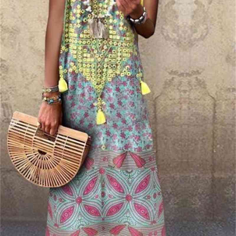 Women Dress Tassel Patchwork V-neck Printing Dresses Sleeveless Plus Size V-Neck Long Summer Clothes 210513