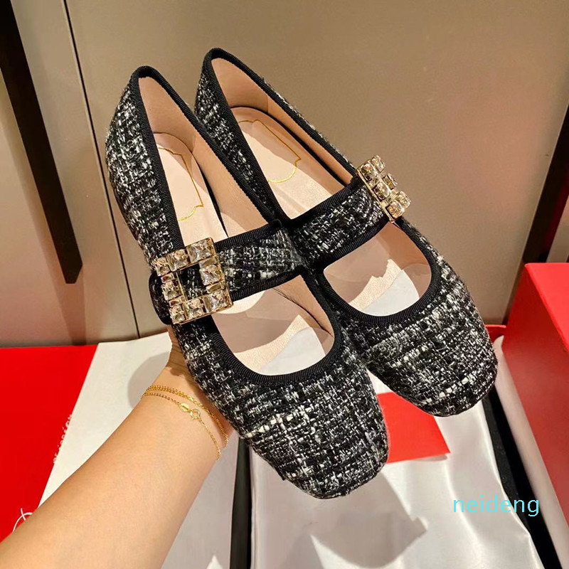 2021 spring and autumn new womens formal shoes, square diamond buckle, leather suede, round head Mary Jane ballet flat bottom, top 566,