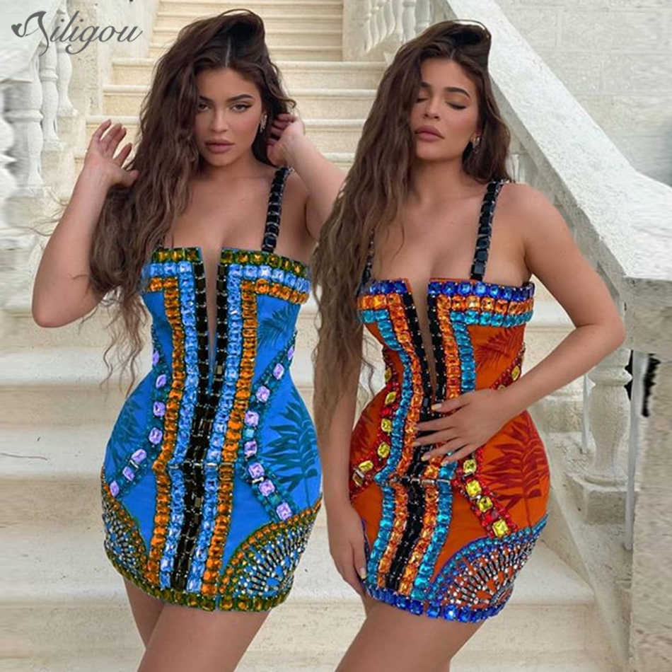 Fall High Quality Orange Slip Handmade Beaded Glittering Rayon Bandage Elegant Club Party Dress Vestidos 210527