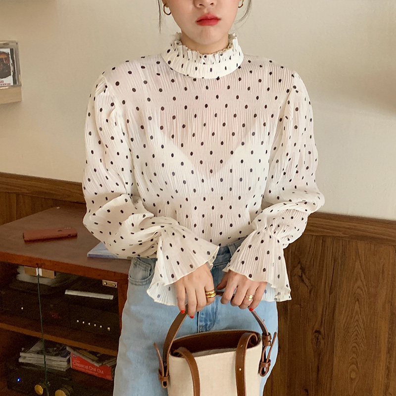 Nomikuma Korean Dot Chiffon Women Blouses Causal Stand Neck Flare Long Sleeve Shirt Causal Perspective Blusa Feminimos 6D747 210427