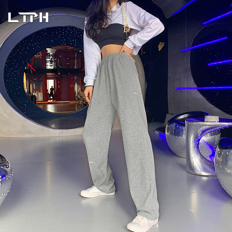 Autumn arrivals ins fashion High waist Straight sweatpants woman pants Solid color wild street Casual Loose trousers 210427