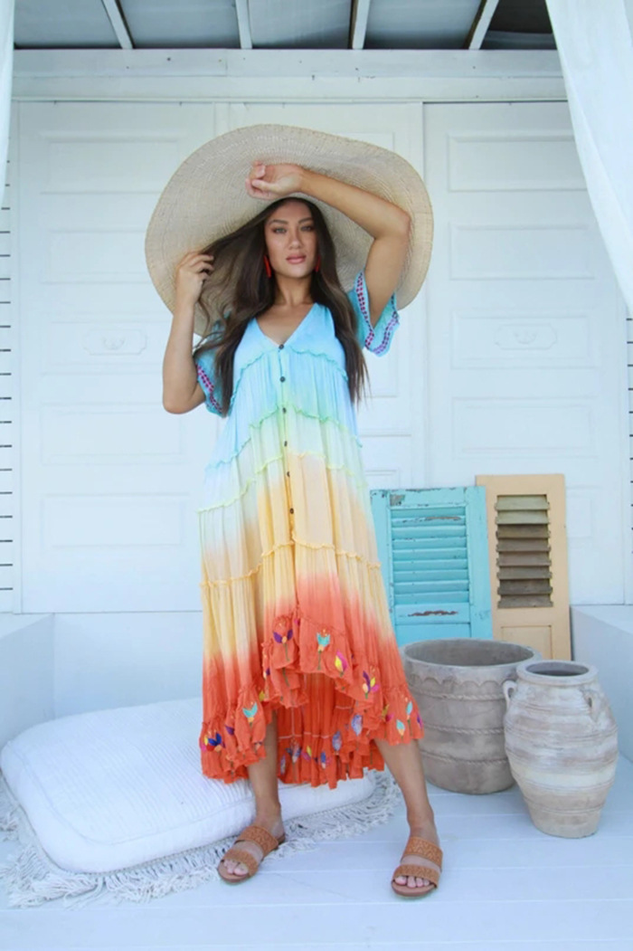 Women Dress V Neck Short Sleeve Bohemia Sexy Large Hem Maxi es Single Breasted Loose Long Beach es 210513