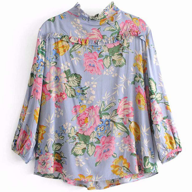 Autumn National Wind Floral Seven-point Sleeve Female Shirt Korean Version of The Loose Tie V-neck Women's Shirt Tops 210507