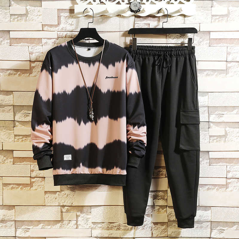 Patchwork Men's Sportswear Sets Autumn Spring Hoodies Casual Tracksuit Sweatshirt + Sweatpants Track Suit 210917