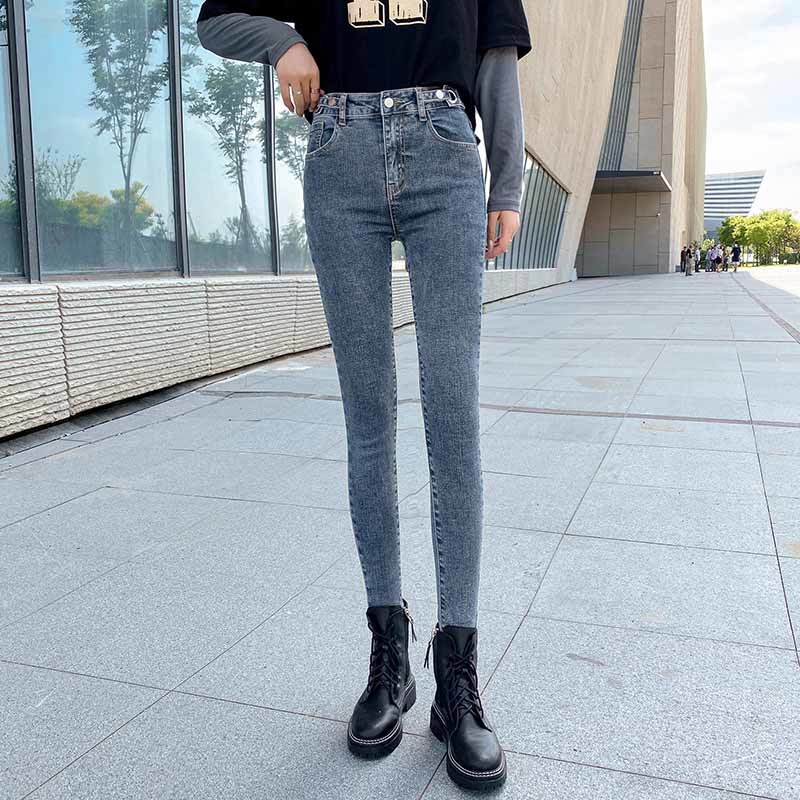 Autumn Allmatch Clothes with Gray Blue High Waist Jeans Skinny Woman Streetwear Denim Trousers Vintage 10732 210518