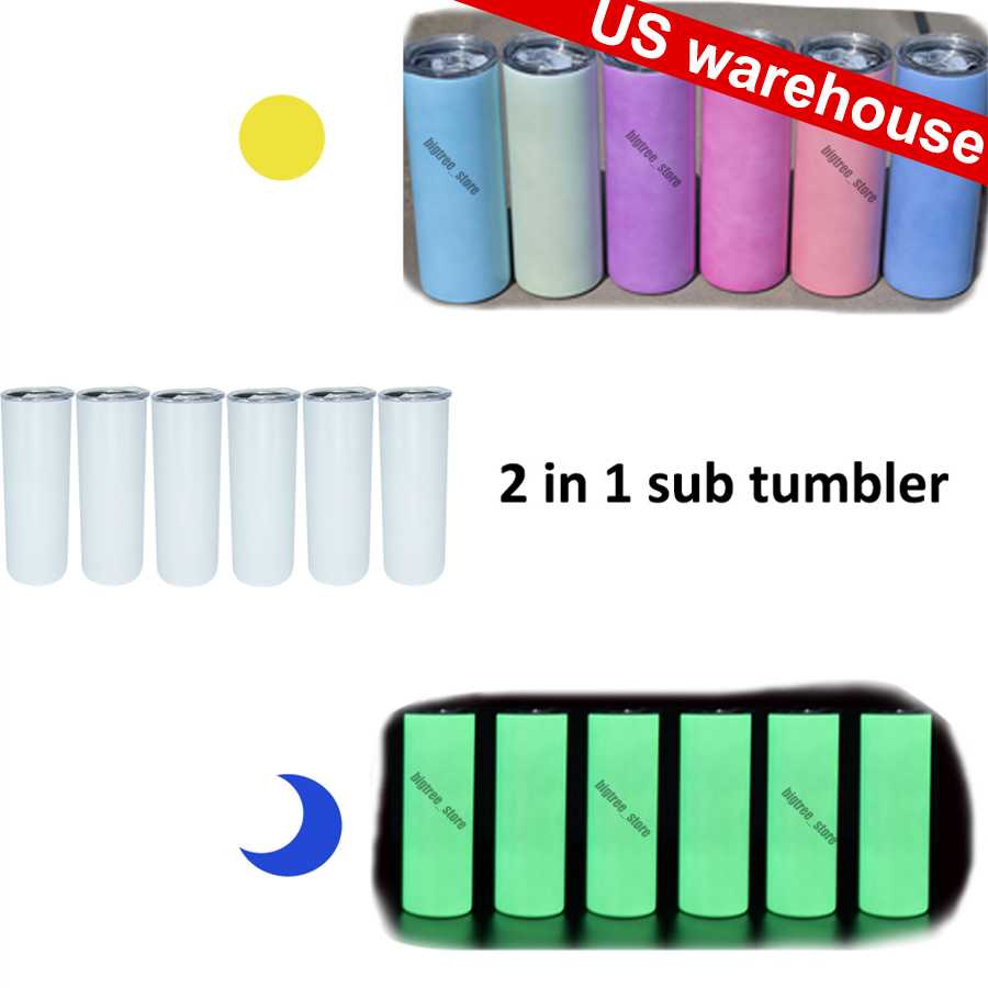 

US warehouse Two Functions Glow in the dark UV Color Changing Tumbler 20oz Sublimation Tumblers Sun Light Sense Stainless Steel Straight Skinny Mug with Straws, Pink/blue 9pcs each;other four color 8