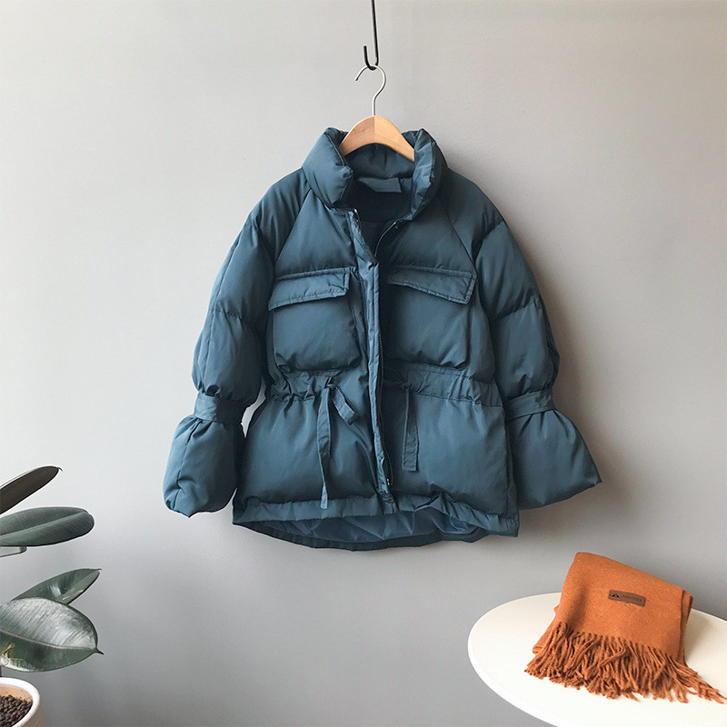 Solid Fashion Women Parka Coat Elastic Waist Pockets Stylish Jacket Winter Collection Zipper Thicken Warm Coats Outerwear Lady 210515