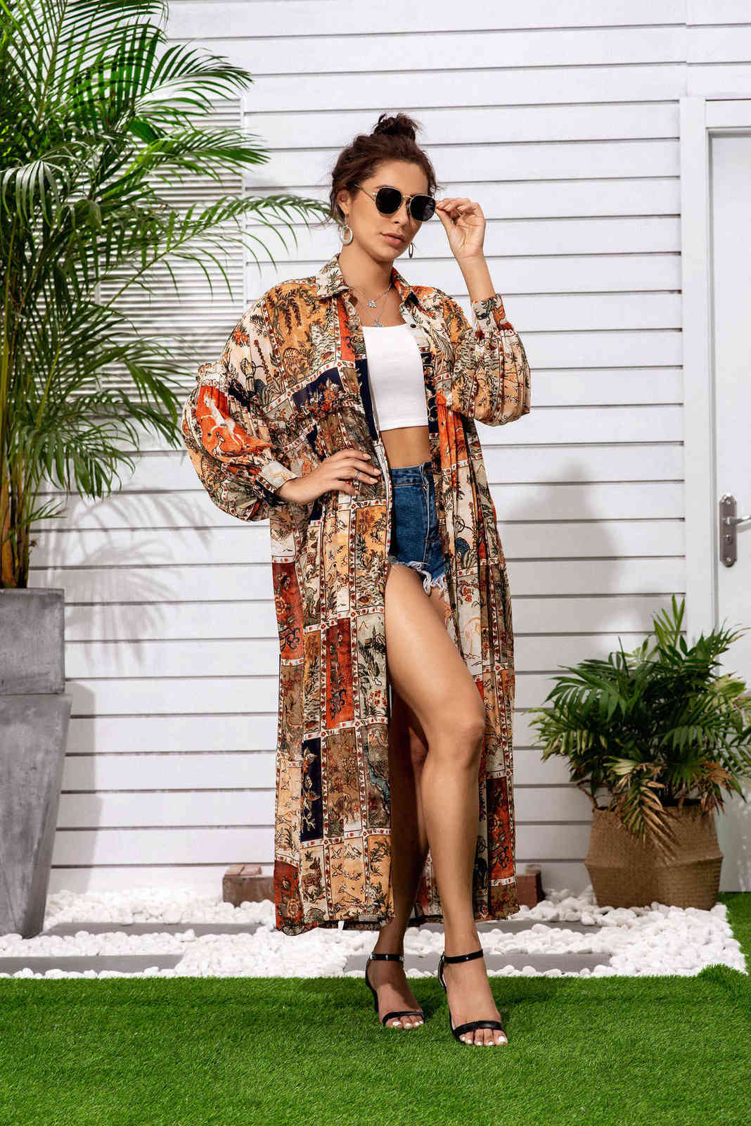 Original Gold Silk Thread Chiffon Printing Long Lantern Sleeves Lace Loose Bohemian Turn Down Collar Shirt Dresses Two Wear 210615Z