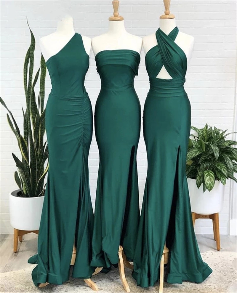 Dark Green Mermaid Bridesmaid Dresses Mixed Neckline Designed Wedding party Guest Dresses Sweep Train Silk Satin Pleated Maid of Honor Gowns Custom Ma