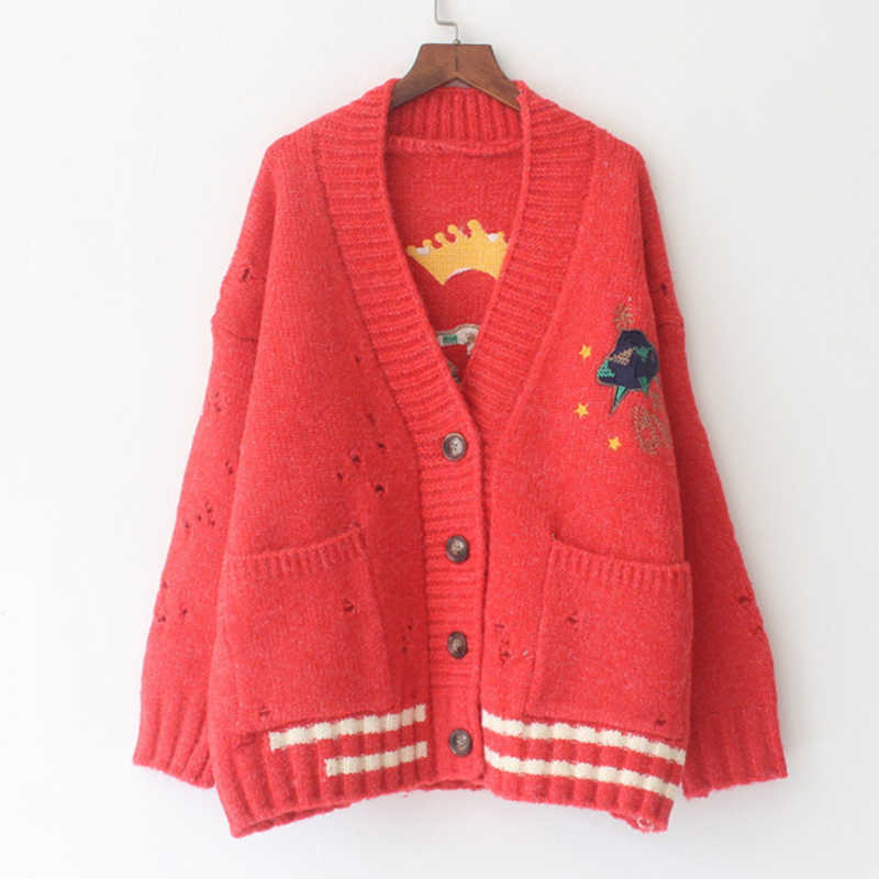 AZYT Women Autumn Winter Knitted Cardigan Cartoon Embroidery Oversize Sweater Coat Harajuku Loose Elegant V Neck Cardigans 211018