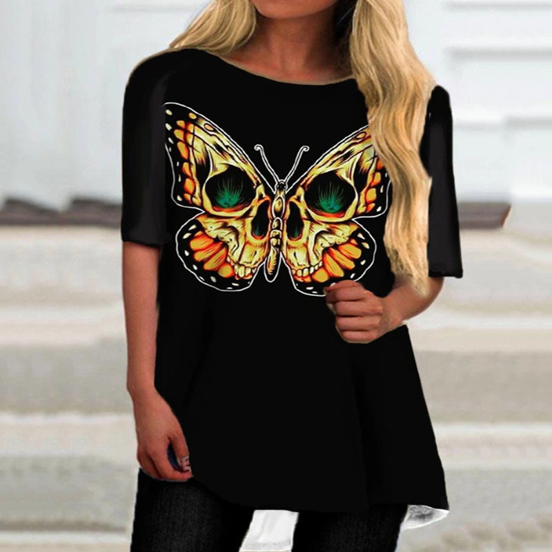 Ladies Summer Pure Color T-shirt Skull Print Half Sleeve Round Neck Turtleneck Irregular Top Fashion Casual Loose Short Sleeve 210515