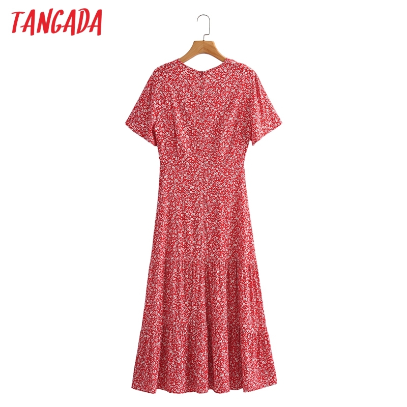 Summer Red Floral Print V Neck Short Sleeve Ladies Long Dress Vestidos 1F123 210416