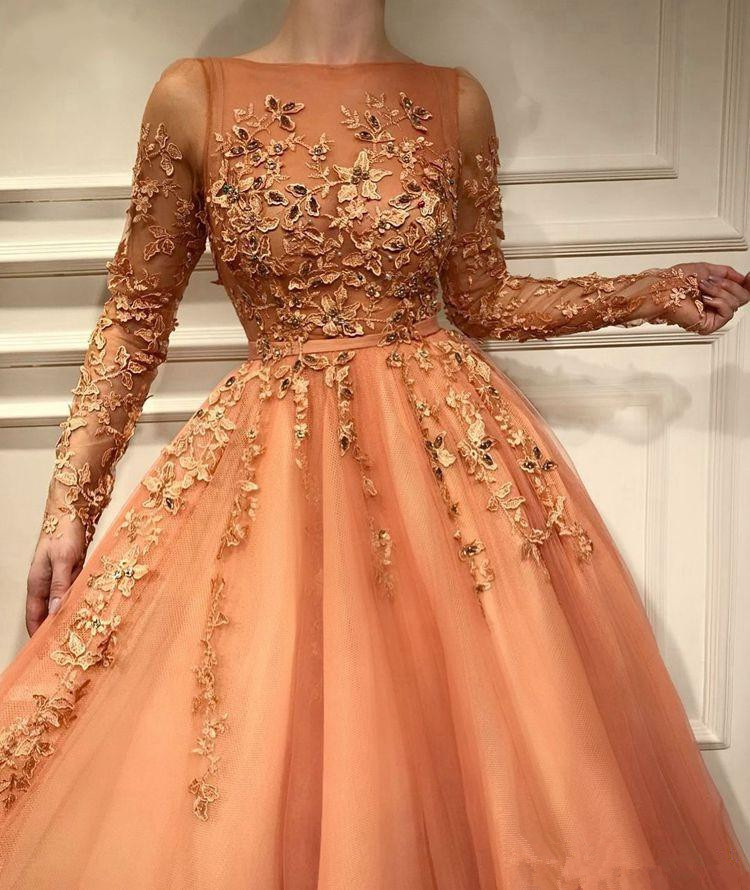 Muslim Evening Dresses A-line Long Sleeves Tulle Appliques Beaded Dubai Saudi Arabic Elegant Prom Dress Custom Made Robe de mariée