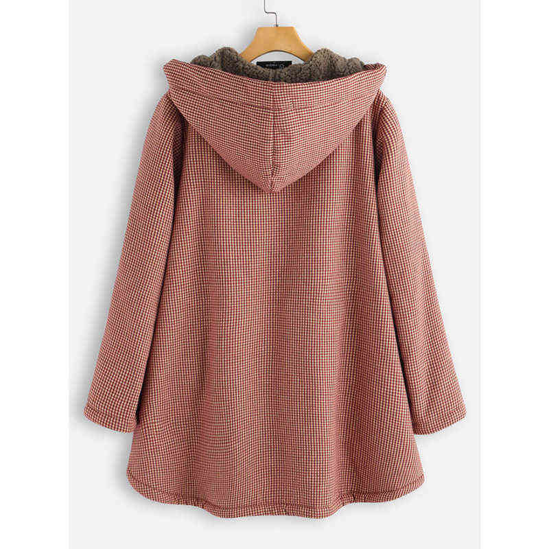 Coat Autumn And Winter Women's Plaid Loose Plus Velvet Buttons High Street Hooded Jacket Manteau Femme En* 211104