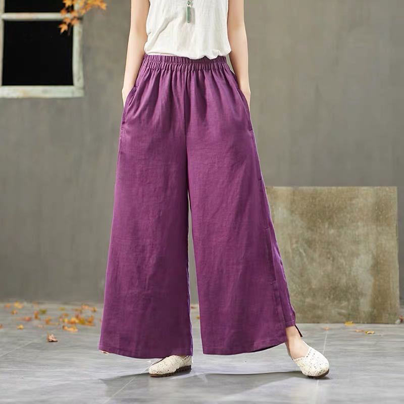 Summer Arts Style Women Elastic Waist cotton linen Wide Leg Pants Vintage Solid Loose Femme Trousers Plus Size S786 210512