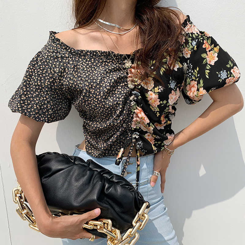 Korejpaa Women Shirt Summer Korean Retro Wood Ear Off-Shoulder Pleated Drawstring Stitching Floral Lantern Sleeve Blouses 210526