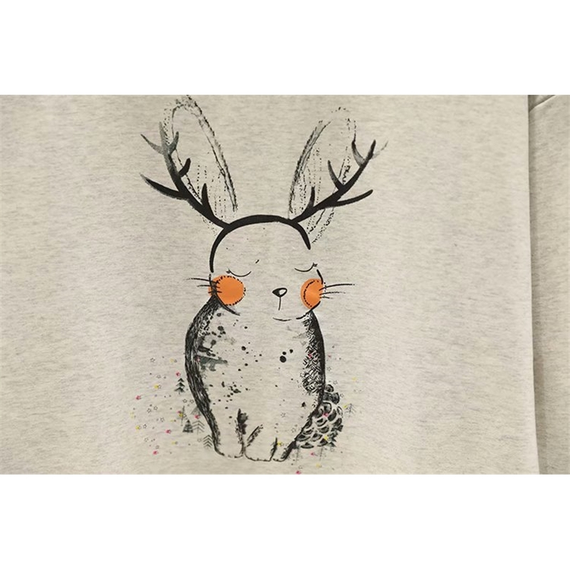 Streetwear Women Cartoon Rabbits Print Hoodies Fashion Ladies O-Neck Tops Causal Female Chic Grey Pullovers 210430