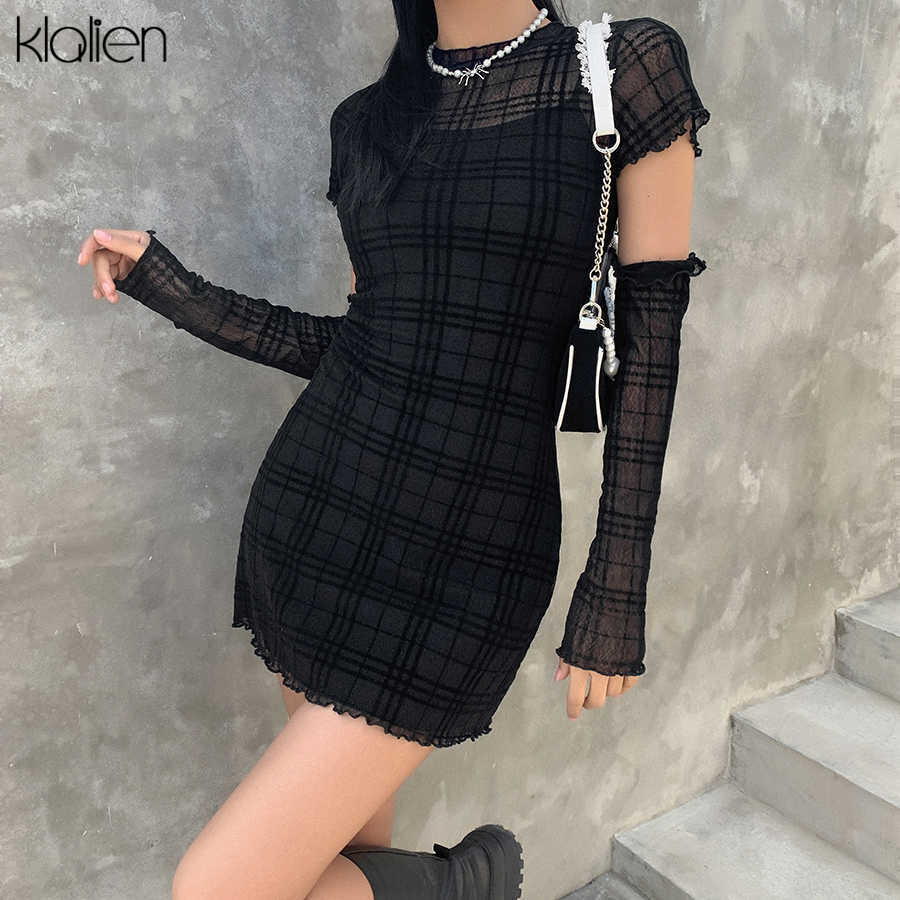 KLALIEN Spring Fashion Simple Plaid Patchwork Young Style Dress Women Casual Street Slim Office Lady Black Mini Dress 210630