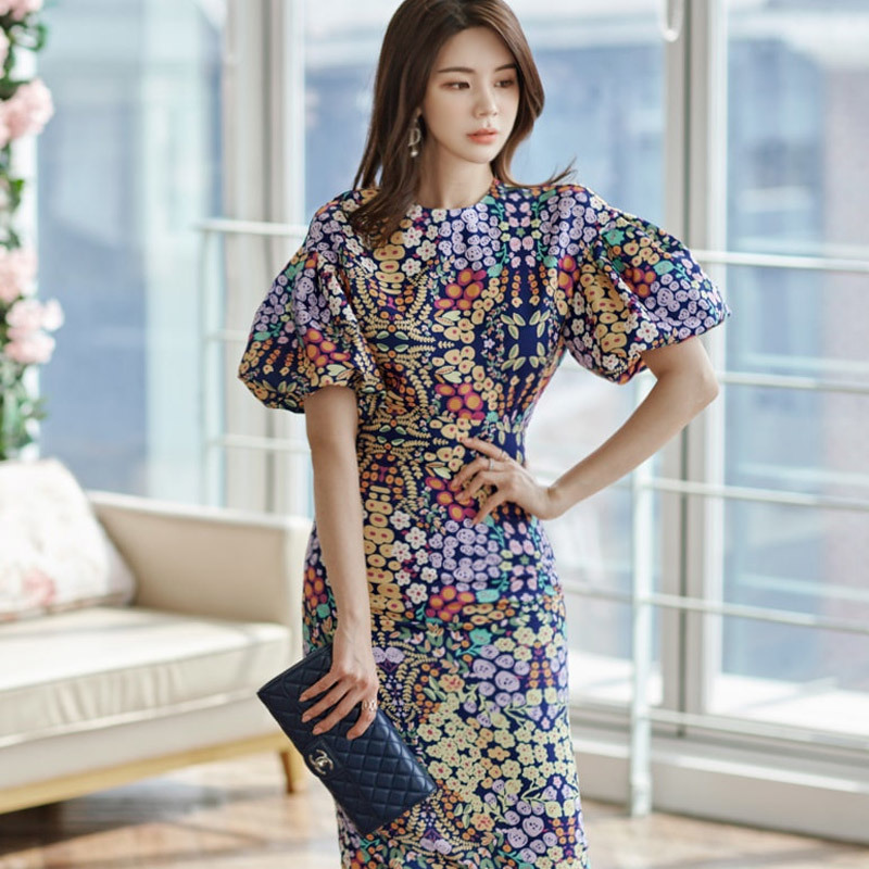 Summer Women Skirt Set Fashion Print Lantern Sleeve Shirt Tops + High Waist Pencil Skirts Suit 210506