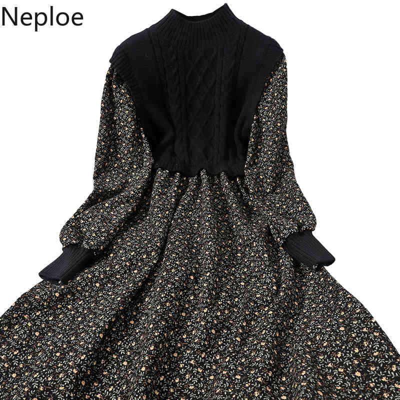Neploe Patchwork Knitted Crobbed Dresses for Women Temperament Corduroy Floral Vestidos Lace Up Robe Korean Dress Female 210422