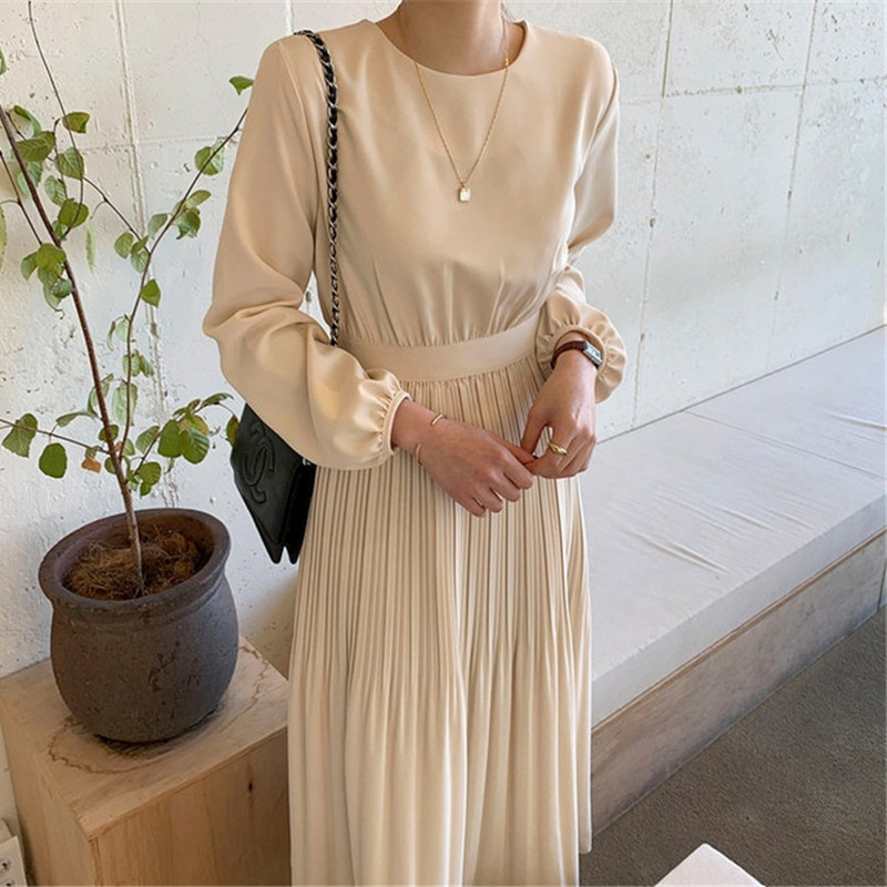 Minimalist Autumn Long Pleated Dress Women Vintage Elegant OL Work Wear O-neck Sleeve Maxi Dresses Vestidos 210421