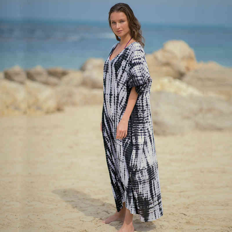 Bohemian Printed Summer Women Beachwear Kaftan Cover-ups Beach Dress Cotton Tunic Swim Wear Cover Up Robe de plage #Q969 210420