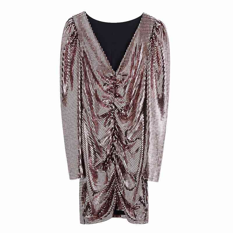 Sweet Women Party Slim Mini Dress Fashion Ladies V-Neck Sequined Dresses Sexy Female Chic Draped Puff Sleeve Vestidos 210430