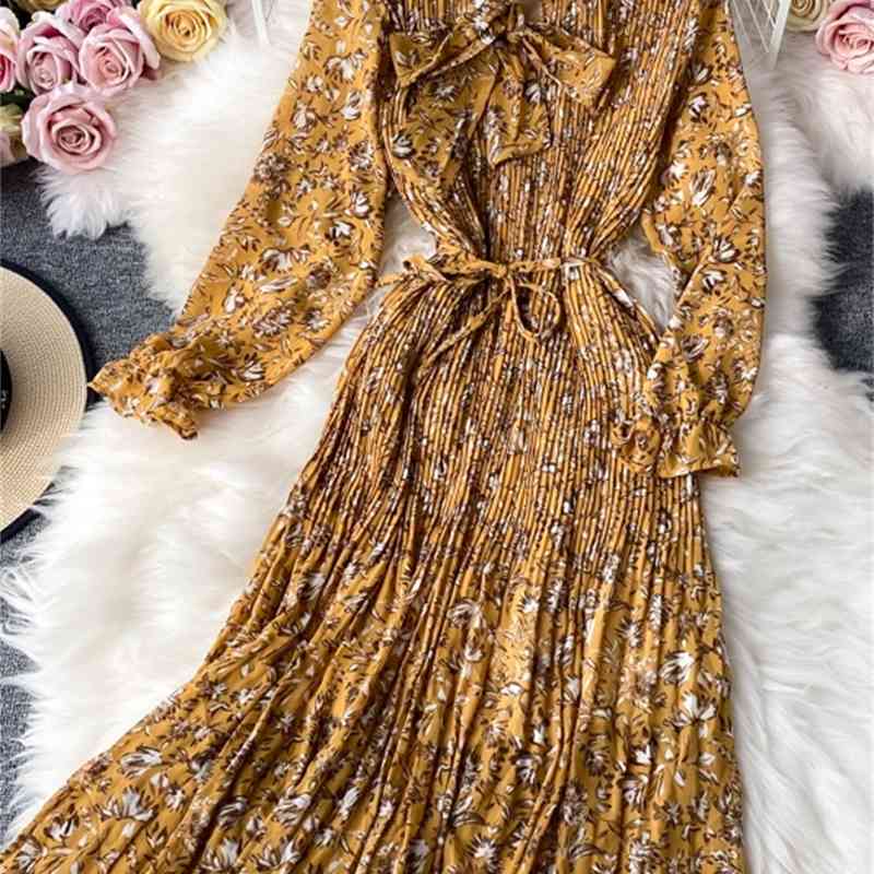 Autumn Casual Loose Pleated Chiffon Floral Print Dress A Line V Neck Full High Waist Tie Up Women Party Dress 210521