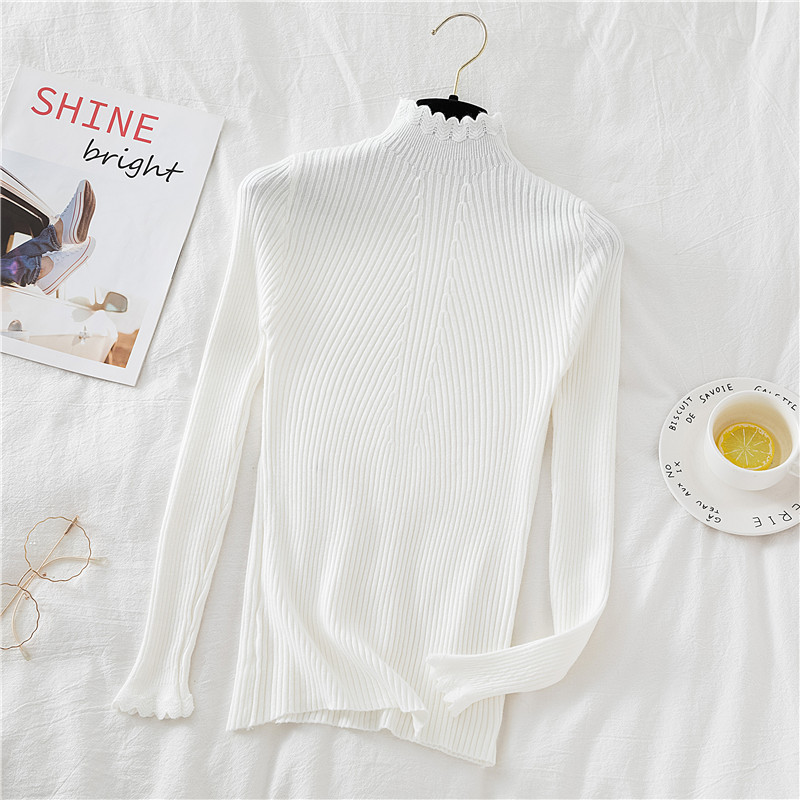 Knitted Women Ruffle Turtleneck Sweater Pullovers Casual Solid Autumn Winter Basic Womens Sweaters Slim Fit Jumpers 210519