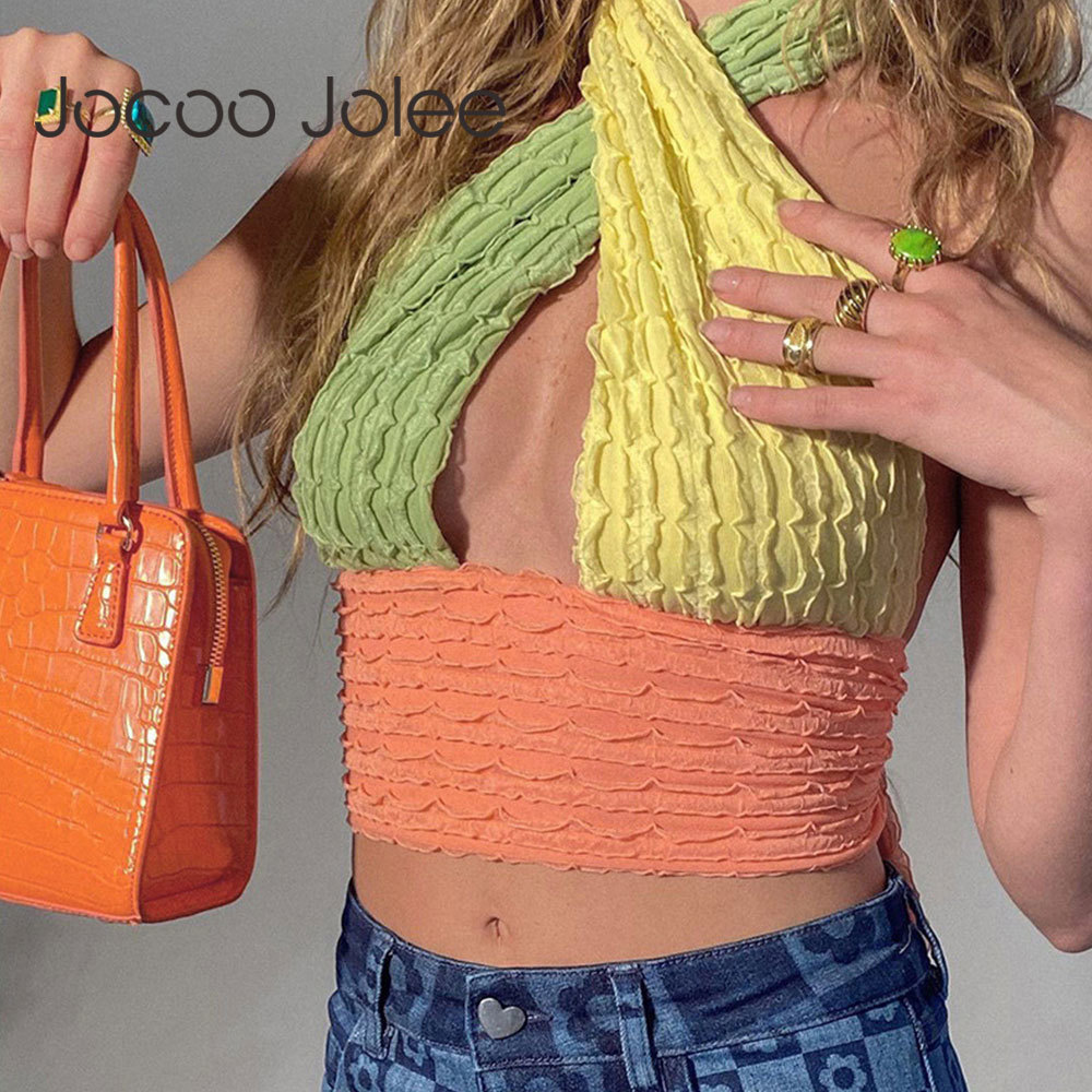 Women Sexy Halter Neck Hollow Out Tanks Color Block Patchwork Cropped Tops Sleeveless Off Shoulder Tank 210428