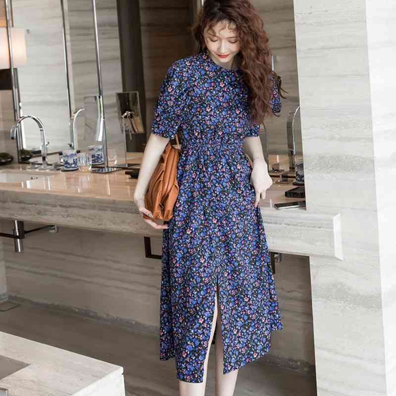 Floral Print Summer Dress Vintage Puff Short Sleeve Sexy Hollow back Beach Women Split Long Robe Vestidos 210519