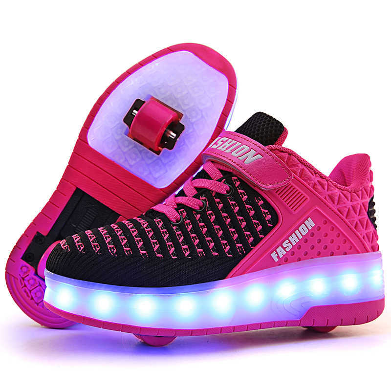2020 Glowing Illuminated Sneakers With Wheels Wheelys Shoes Roller Led Shoes Kids Girls Children Boys Light Up Luminous H0828